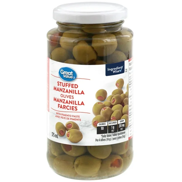 Olives Manzanilla farcies avec pâte de piment Great Value, 375 ml
